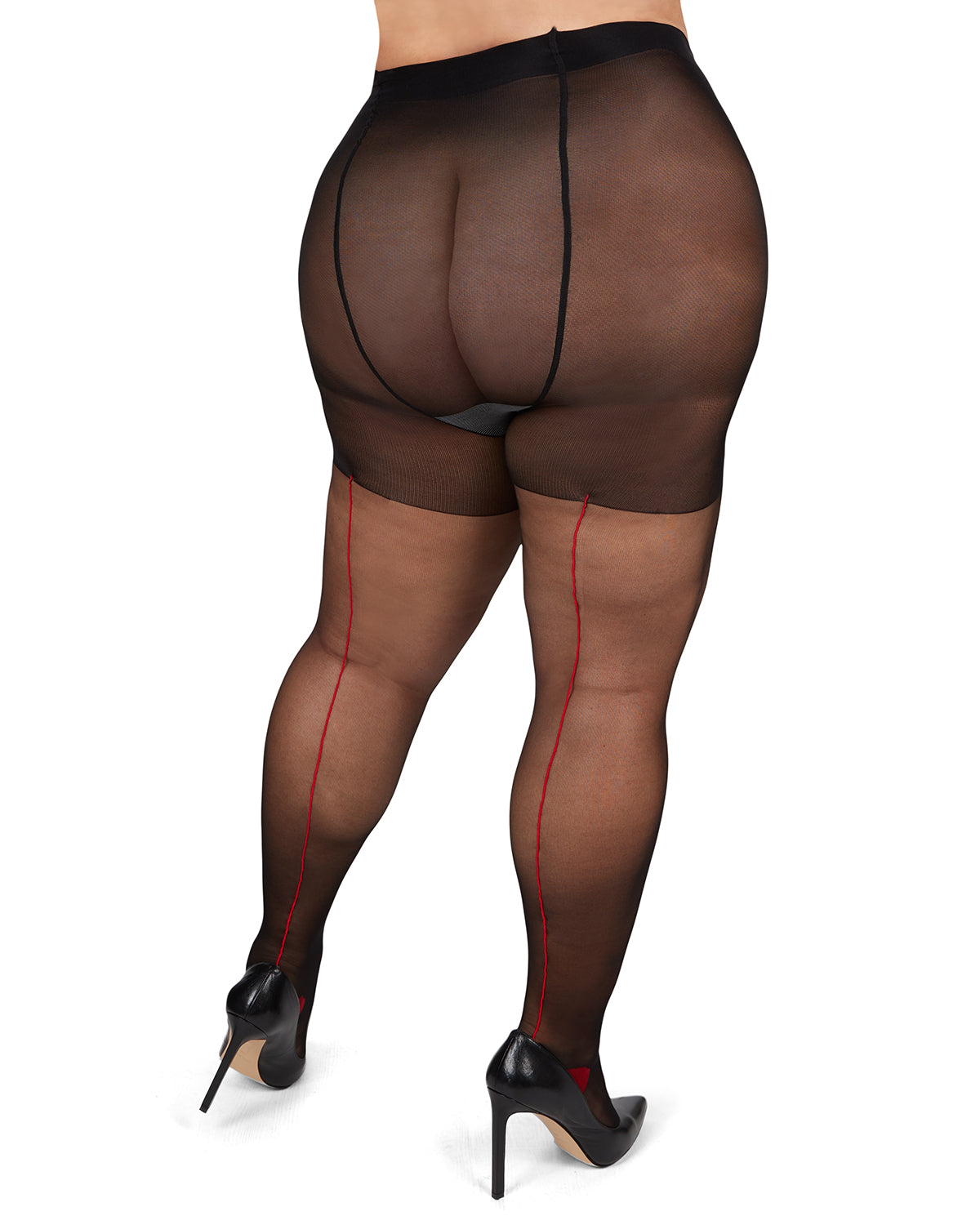 Women's Back Seam/Cuban Heel Plus Size Curvy Control Top Pantyhose : Color: Black-Red
