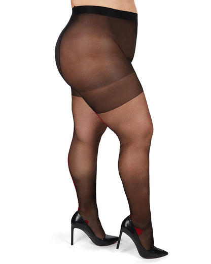 Women's Back Seam/Cuban Heel Plus Size Curvy Control Top Pantyhose : Color: _Black-Red_