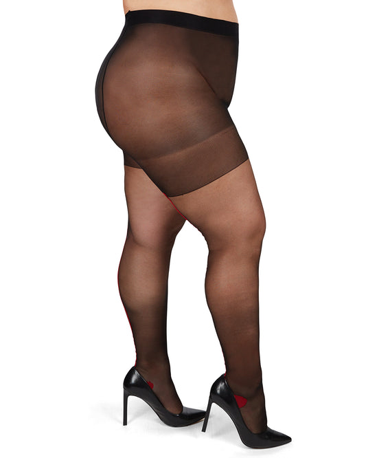 Women's Back Seam/Cuban Heel Plus Size Curvy Control Top Pantyhose : Color: _Black-Red_