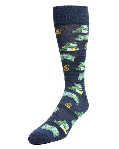 Money Bags Cash Print Bamboo Blend Men's Crew Socks : Color: Navy Blazer