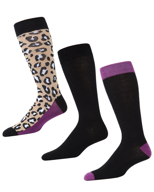 Leopard Pane Cotton Blend Crew Sock 3 Pack : Color: Black/Grape