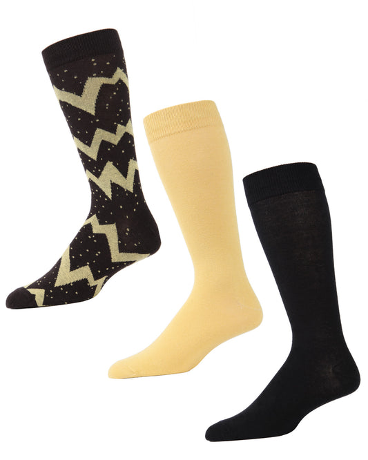 Men's 3 Pair Pack Lightning Bolt Cotton Blend Crew Socks : Color: Brown