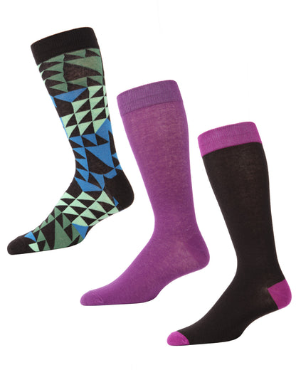 Men's 3 Pair Pack Asymmetrical Cotton Blend Crew Socks : Color: Brown/Purple
