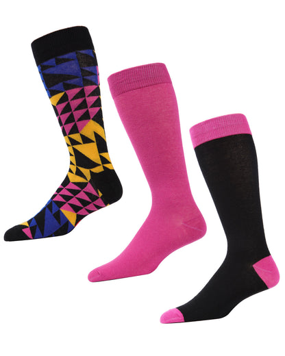 Men's 3 Pair Pack Asymmetrical Cotton Blend Crew Socks : Color: Black/Fushia