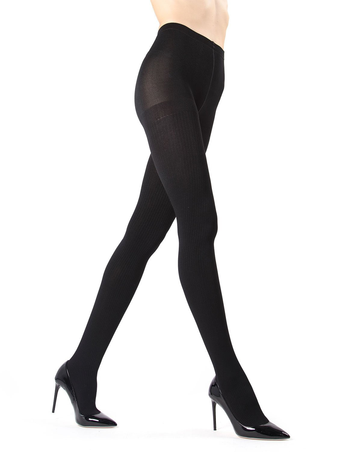 Women's Ribbed Plush Lined Fleece Opaque Winter Tights : Color: Black