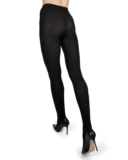 Women's Opaque Pin Ribbed Cotton Sweater Tights : Color: Black