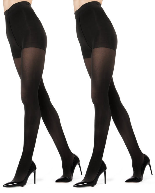 Women's 2 Pair Pack Perfectly Opaque Control Top Microfiber Tights : Color: Black
