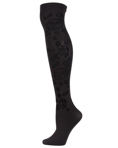 Women's Paisley Bouquet Flocked Velvet Over The Knee Socks : Color: Black