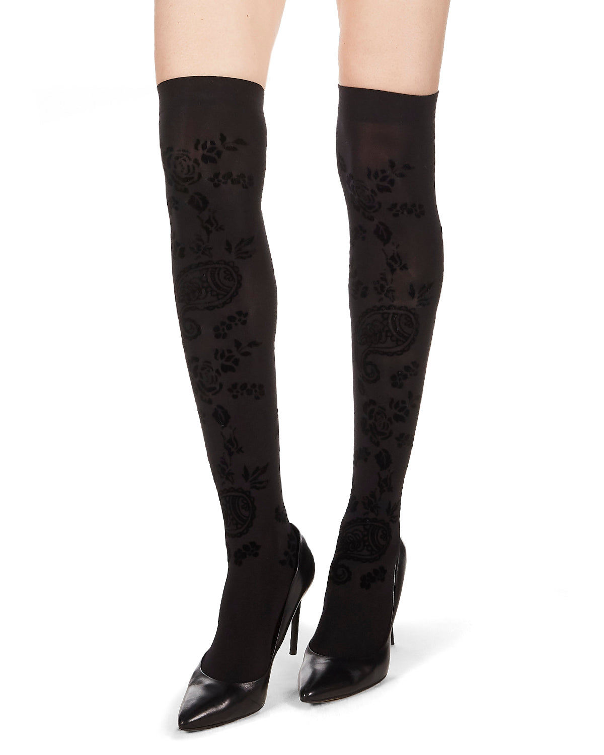 Women's Paisley Bouquet Flocked Velvet Over The Knee Socks : Color: Black