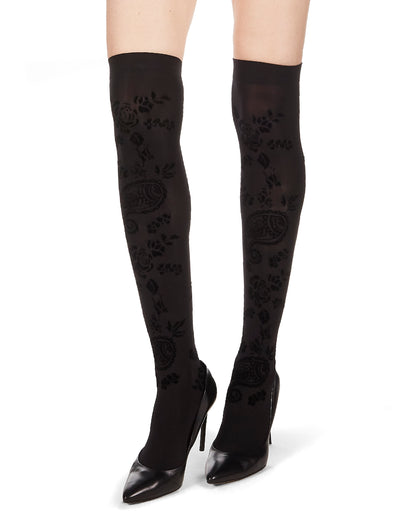 Women's Paisley Bouquet Flocked Velvet Over The Knee Socks : Color: Black