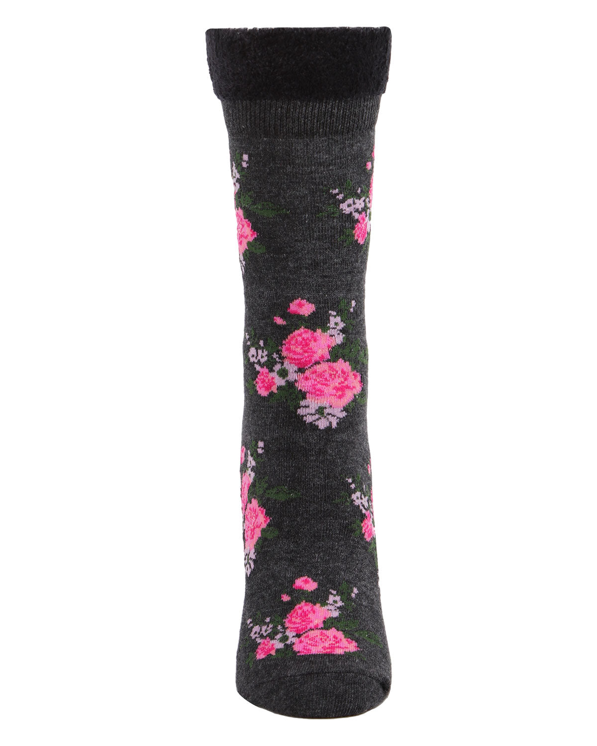 Women's Rosie Chenille Cuff Embroidered Flower Crew Socks : Color: Charcoal