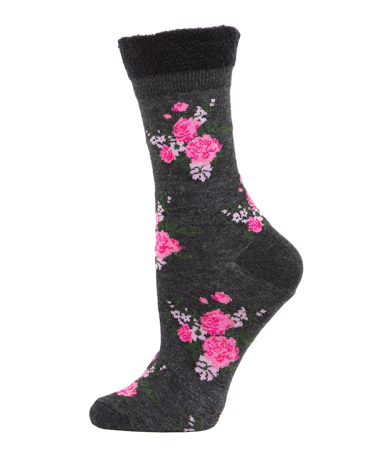 Women's Rosie Chenille Cuff Embroidered Flower Crew Socks : Color: Charcoal