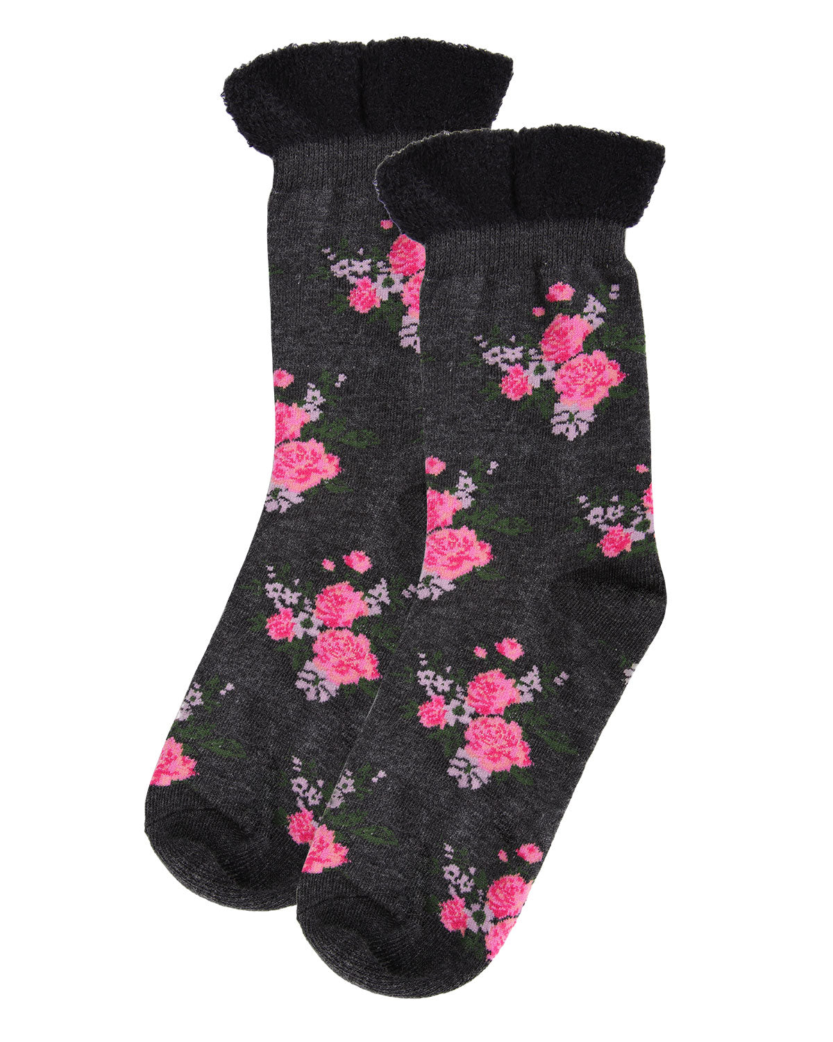 Women's Rosie Chenille Cuff Embroidered Flower Crew Socks : Color: Charcoal