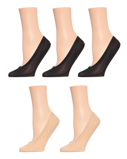 Women's 5 Pair Pack Fine Edge Nylon No Show Liner Socks : Color: Black/Nude
