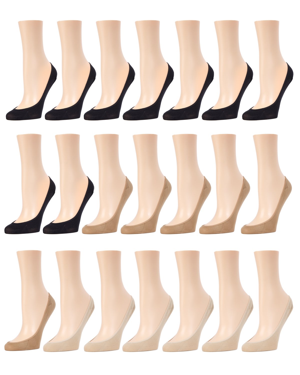 Women's 21 Pair Pack Ballerina No Show Microfiber Liner Socks : Color: Black/Taupe/Nude