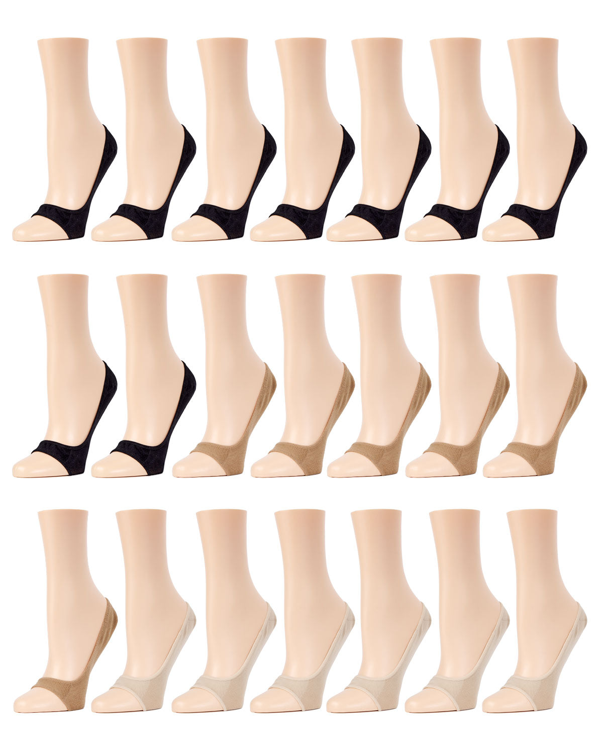 No-Show Micro Liner Open Toe 21 Pack : Color: Black/Taupe/Nude