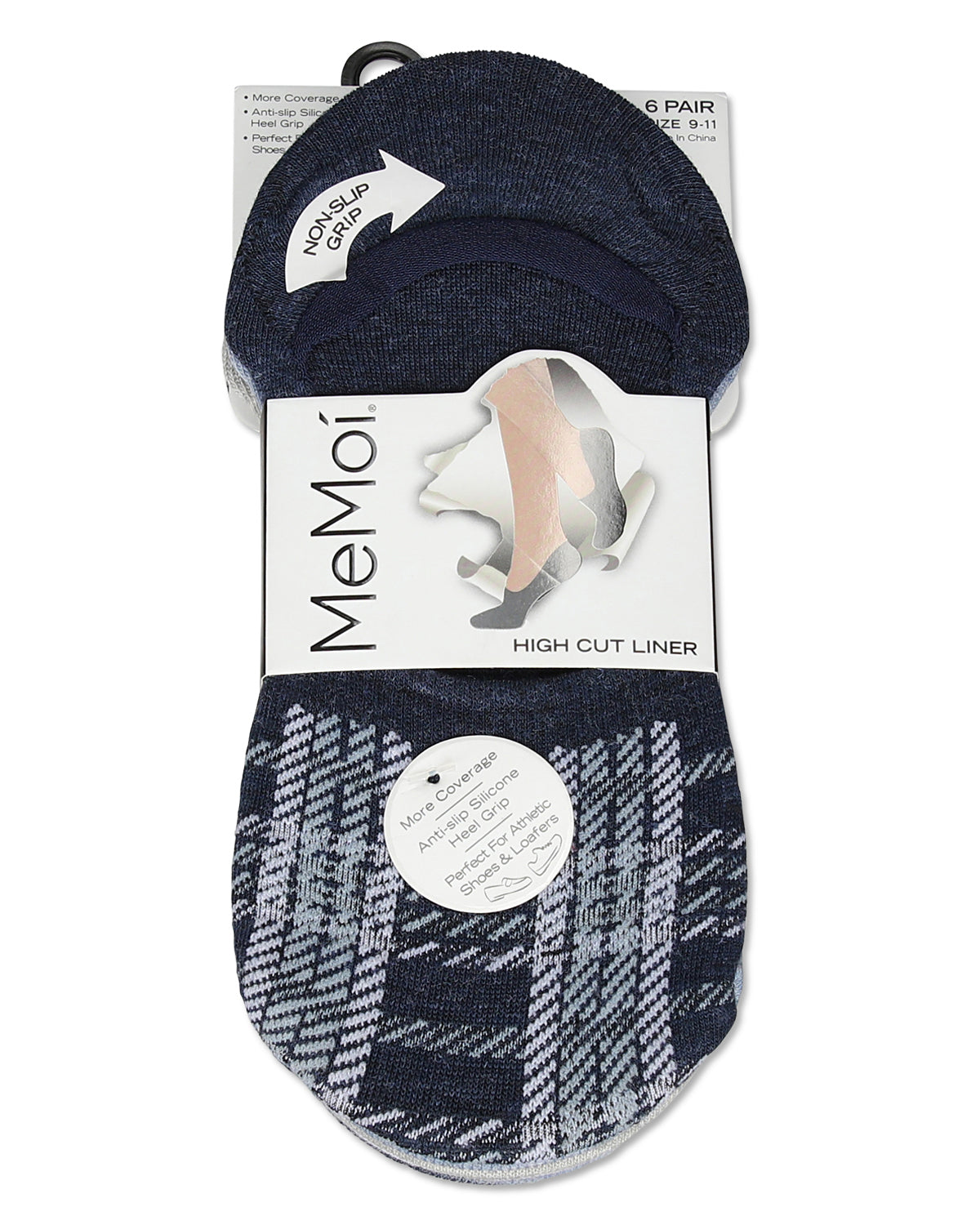 Women's 6 Pair Pack Plaid High Cut Liners : Color: Denim Heather
