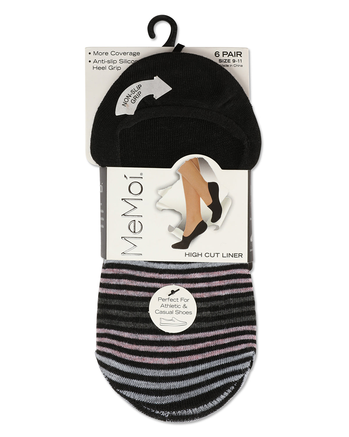 Women's 6 Pair Pack Gradient Stripes High Cut Liners : Color: Black