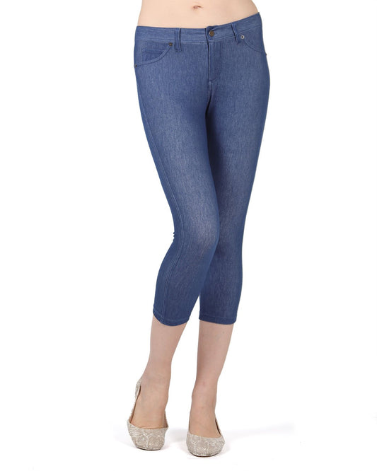 Denim Zipper Capri Cotton Blend Jean Leggings : Color: Medium Wash