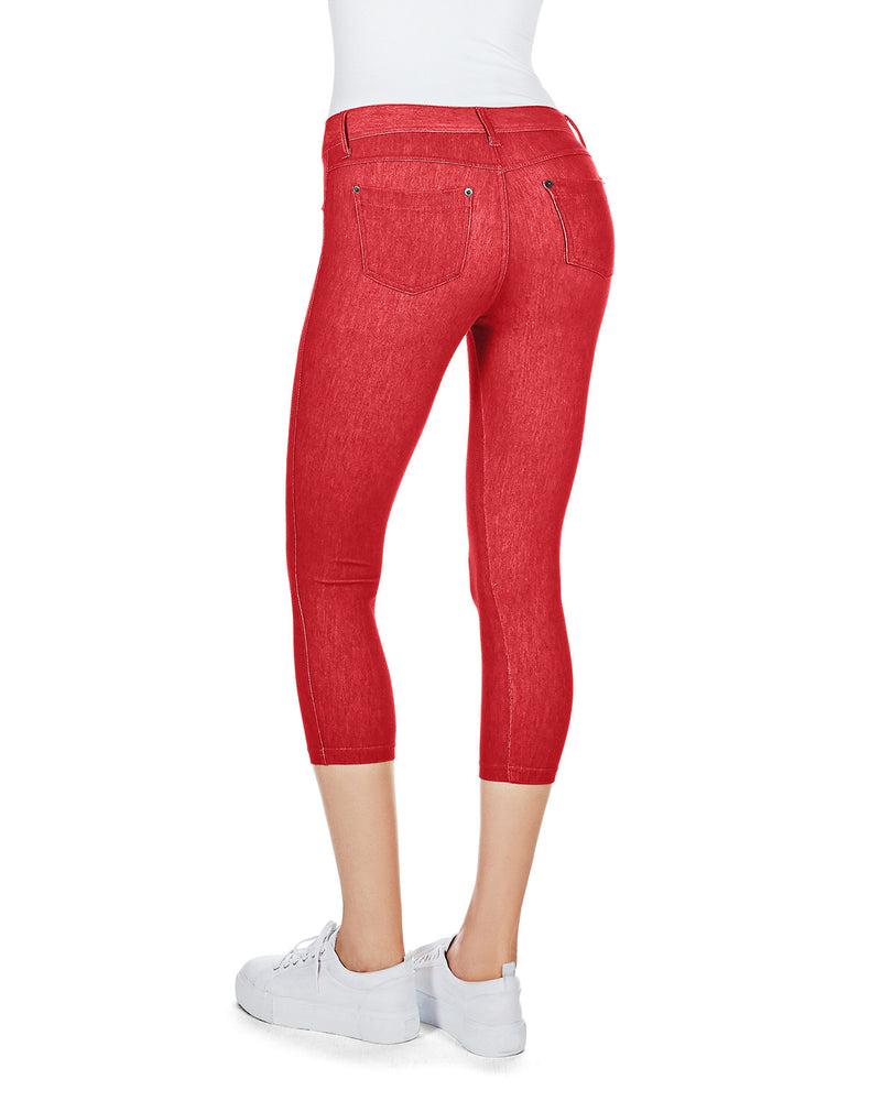247 Frenzy Women's Active Essentials MOPAS Soft Stretch Nylon Blend Unlined  Capri Length Leggings with Ribbed Elastic Waistband - Red