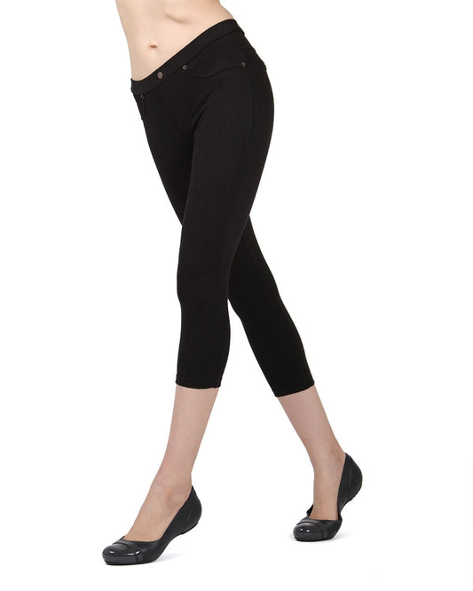 Chino Capri-Length Cotton Blend Leggings : Color: Black
