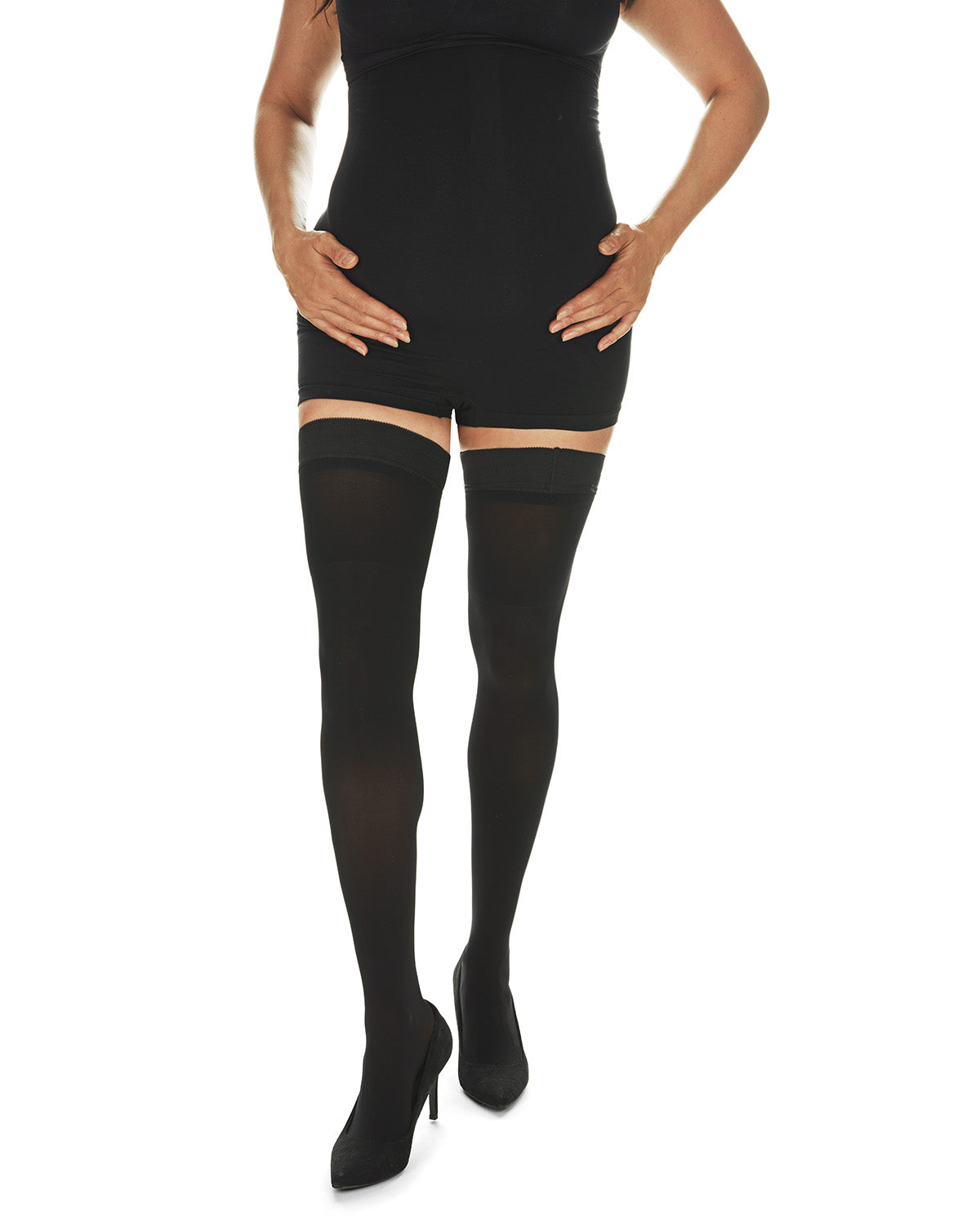Microfiber Opaque Thigh High Stockings : Color: Black