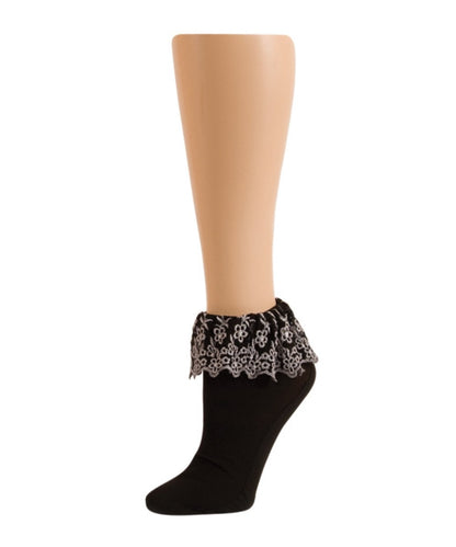 Women's Gracefall Embroidered Fringe Ankle Socks : Color: Black/Black