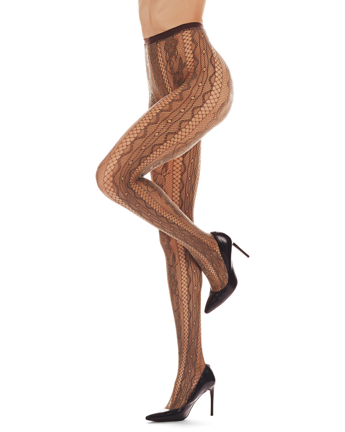 Women's Linear Floral Netted Nylon Tights : Color: Two Tone Mud