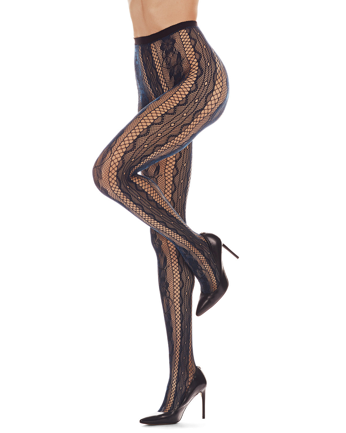 Women's Linear Floral Netted Nylon Tights : Color: Two Tone Blue