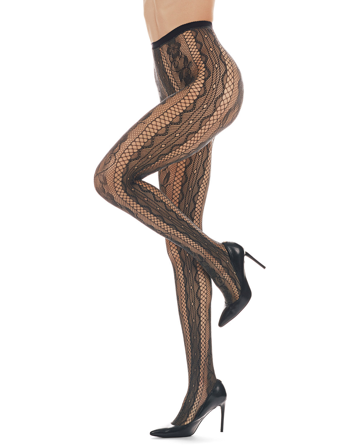 Women's Linear Floral Netted Nylon Tights : Color: Two Tone Gray