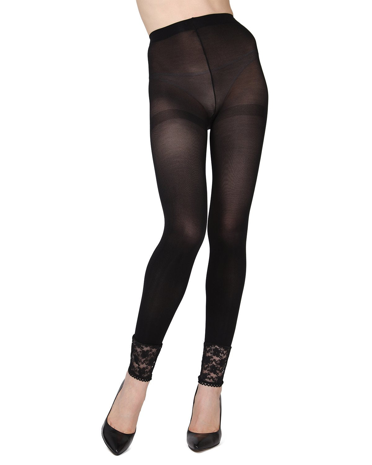 Women's Opaque Footless Tight Leggings with Lace Trim Bottom 6 Pack