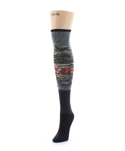 Women's Floral Exotica Ribbed Over The Knee Socks : Color: Black