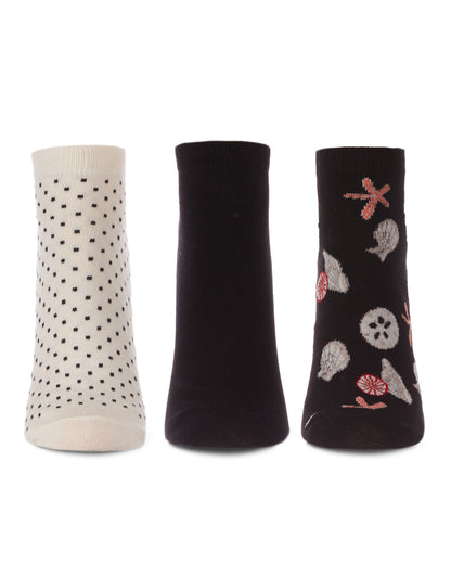 Women's 3 Pair Pack Seaside Starfish & Shells Bamboo Blend Low-Cut Socks : Color: Black