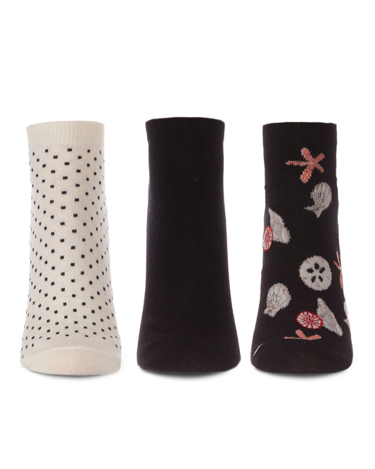 Women's 3 Pair Pack Seaside Starfish & Shells Bamboo Blend Low-Cut Socks : Color: Black