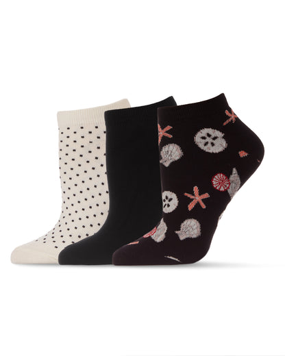 Women's 3 Pair Pack Seaside Starfish & Shells Bamboo Blend Low-Cut Socks : Color: Black