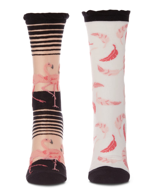 Pink Flamingos/Feather Cotton Blend Crew Sock 2 Pack : Color: Black