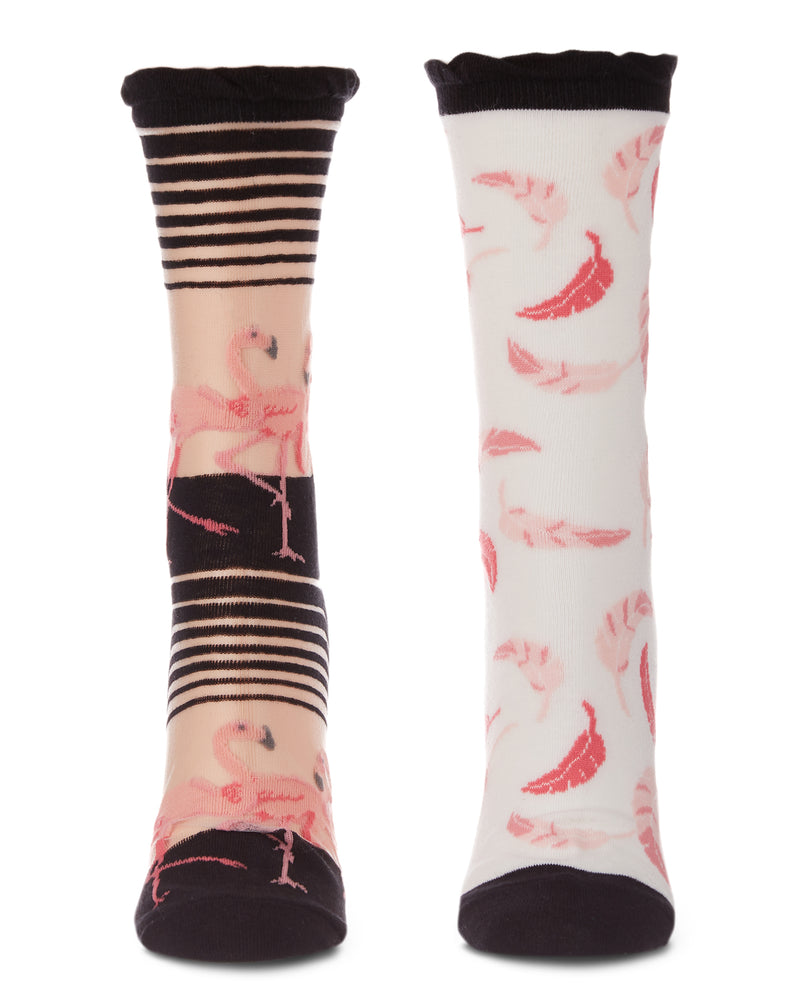 Pink Flamingos/Feather Cotton Blend Crew Sock 2 Pack