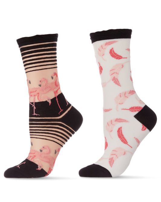 Pink Flamingos/Feather Cotton Blend Crew Sock 2 Pack : Color: Black