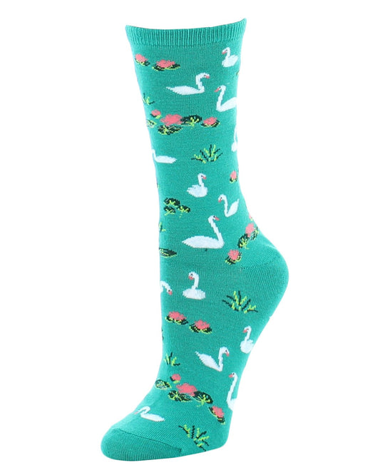 Swans on a Lake Bamboo Blend Crew Socks : Color: Columbia