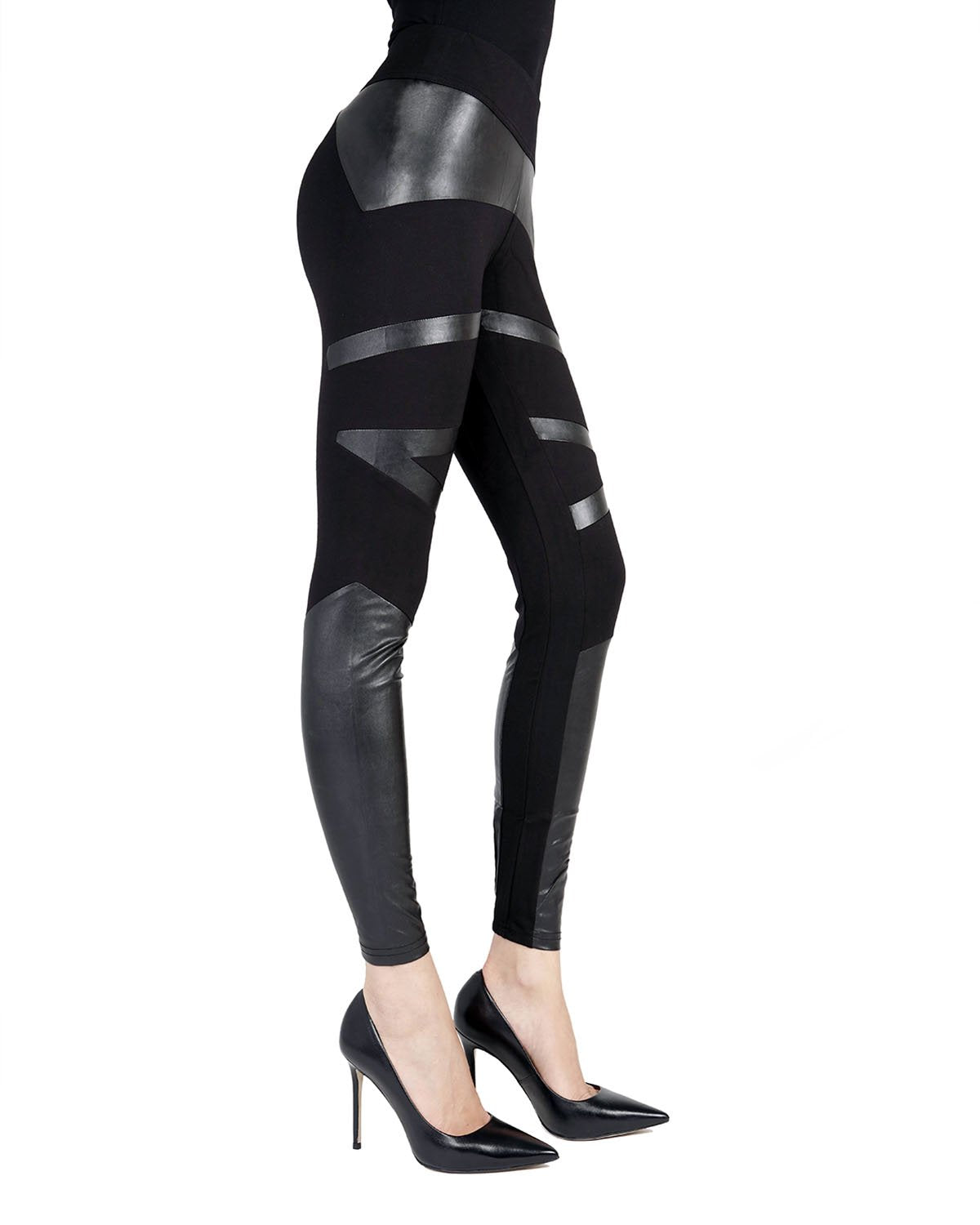 Sexy Moto Pleather Accent Shaping Leggings : Color: Black