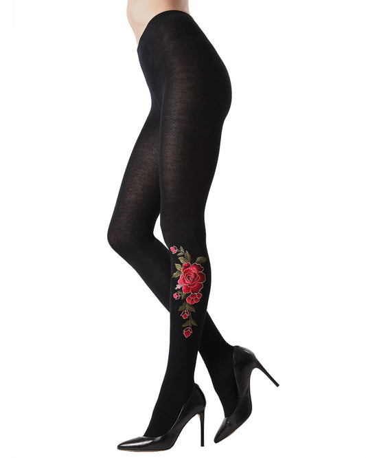 Dimensional Floral Embroidered Tights : Color: Black