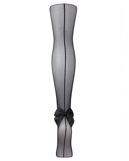 Women's Backseam Bow Nylon Fishnet Tights : Color: Black