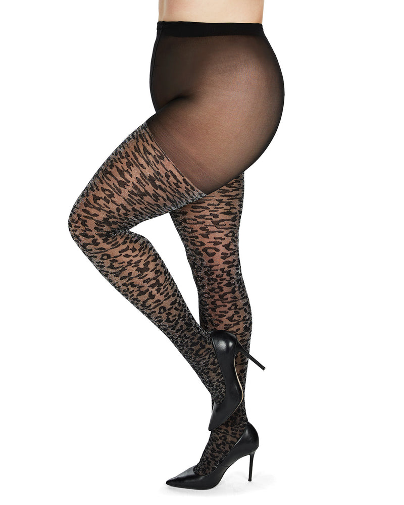 Black Leopard Sheer Tights, Plus Size