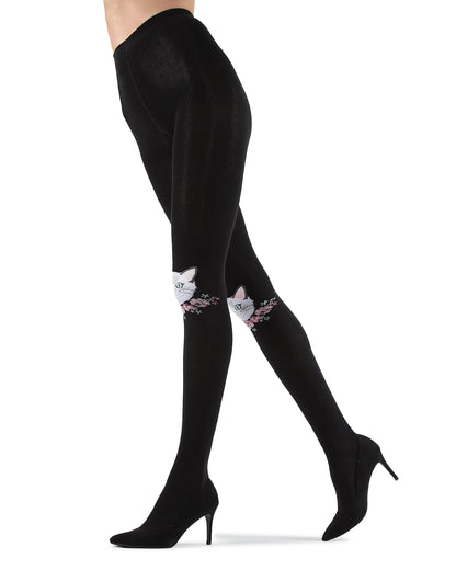 Cat Face Design Sweater Tights : Color: Black