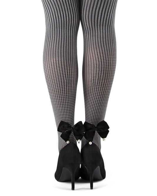 Houndstooth Pearl Bow Opaque Tights : Color: Black