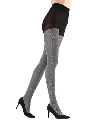 Houndstooth Rose Opaque Tights : Color: Black/Gray