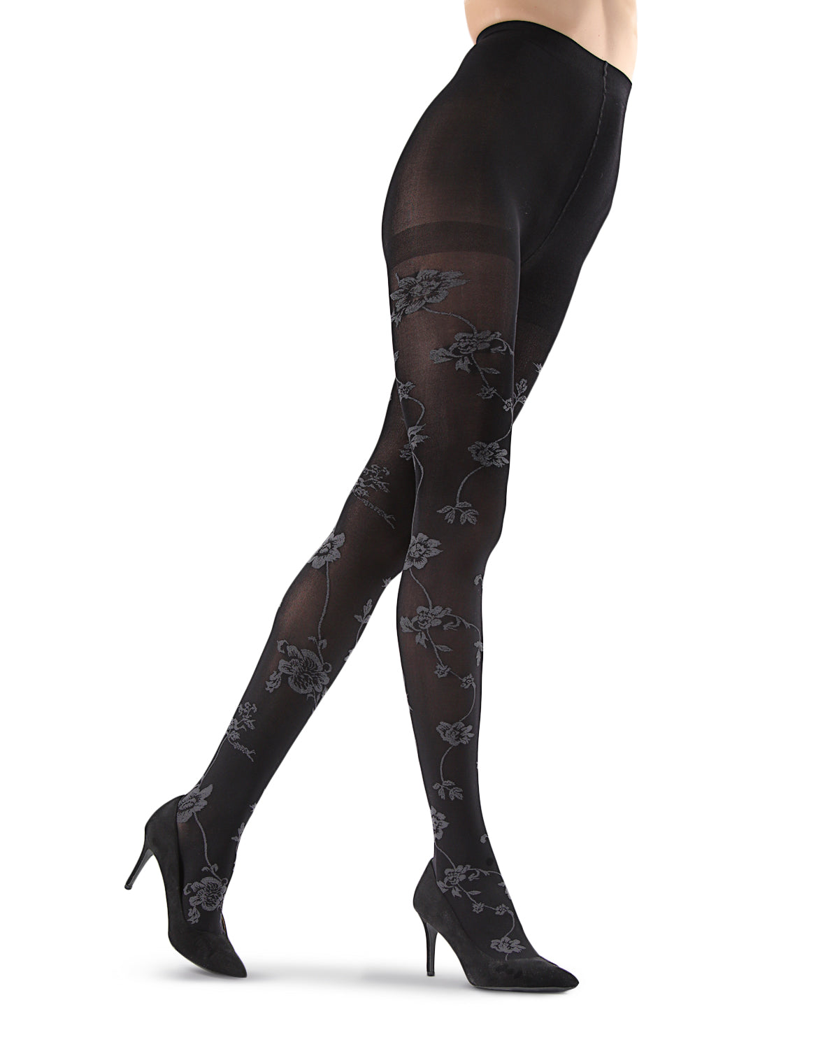 Women's Wild Floral Opaque Nylon Tights : Color: Black