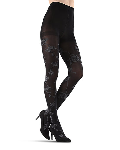 Women's Wild Floral Opaque Nylon Tights : Color: Black