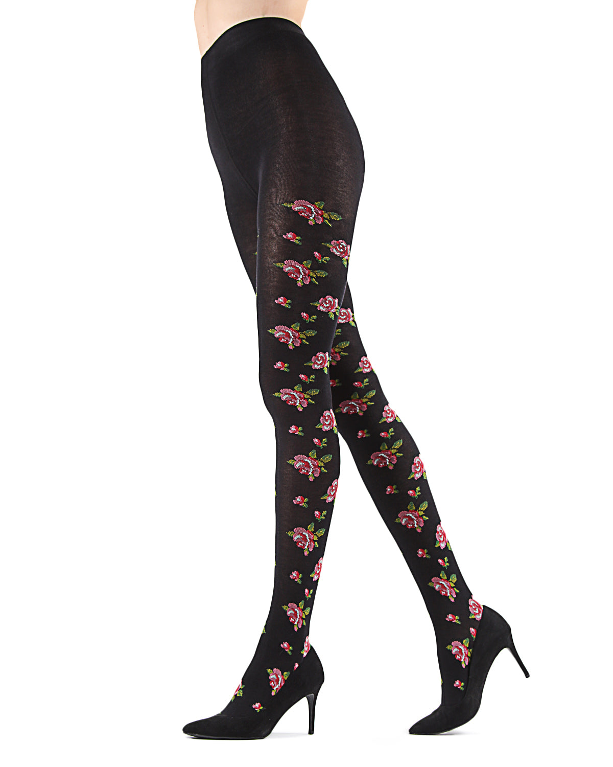Floral Needlepoint Cotton Blend Sweater Tights : Color: Black