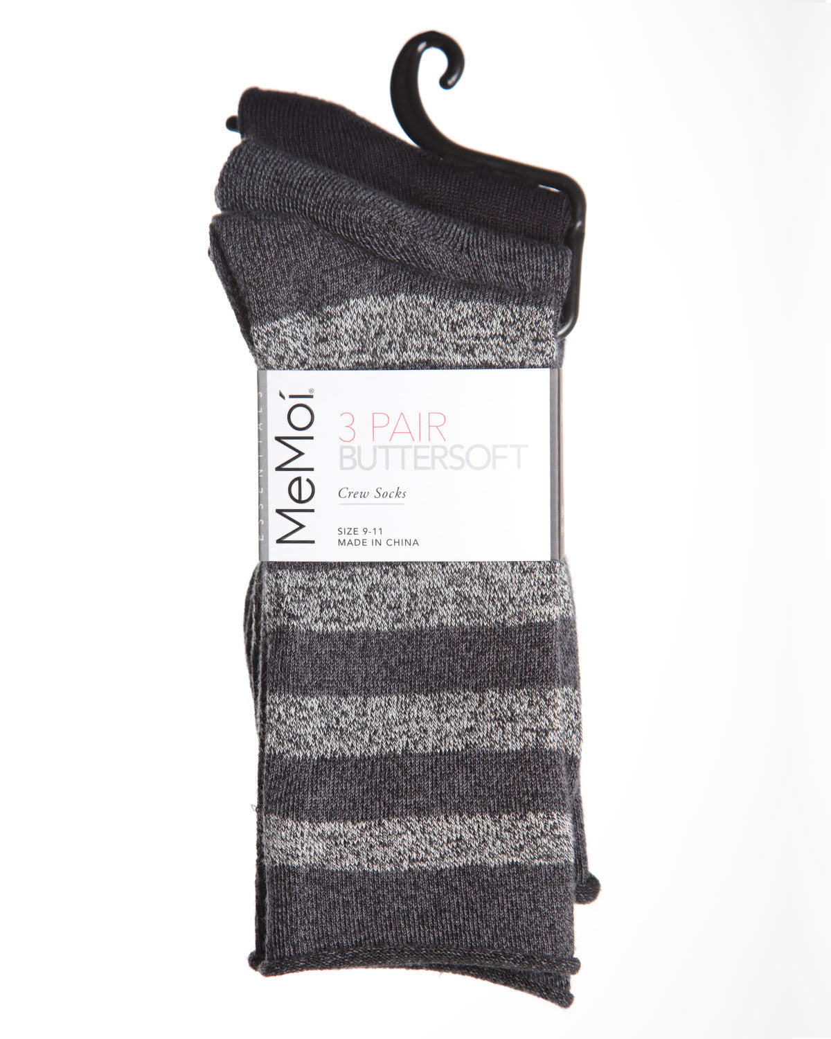 Stripe Roll Top Buttersoft Crew Sock 3 Pack : Color: Black Marled